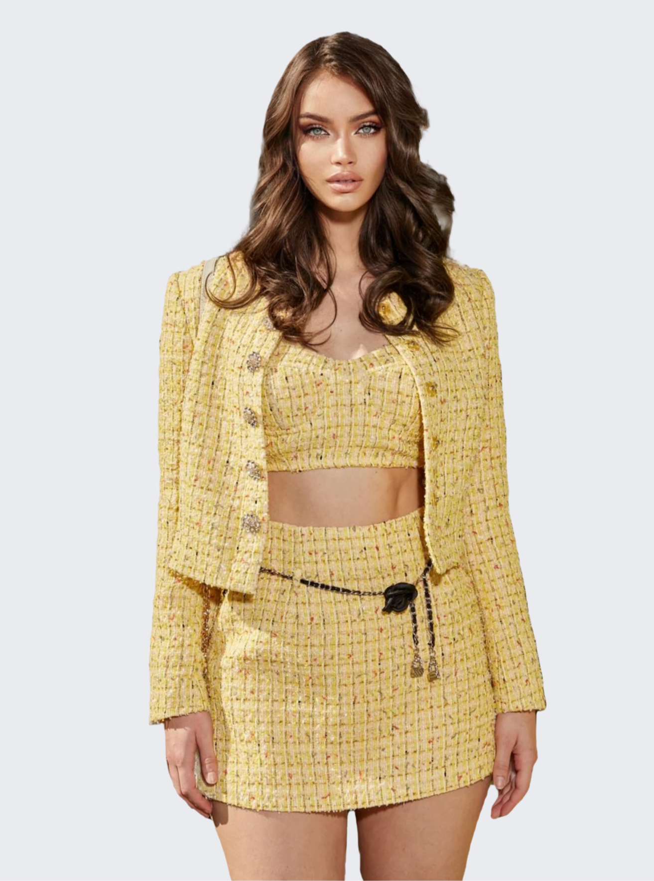 Luna- Three-Piece Yellow Tweed Set with Belt